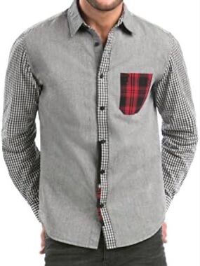 DESIGUAL Men’s Long Sleeve Button Down Dhirt with Plaid and Check Detail